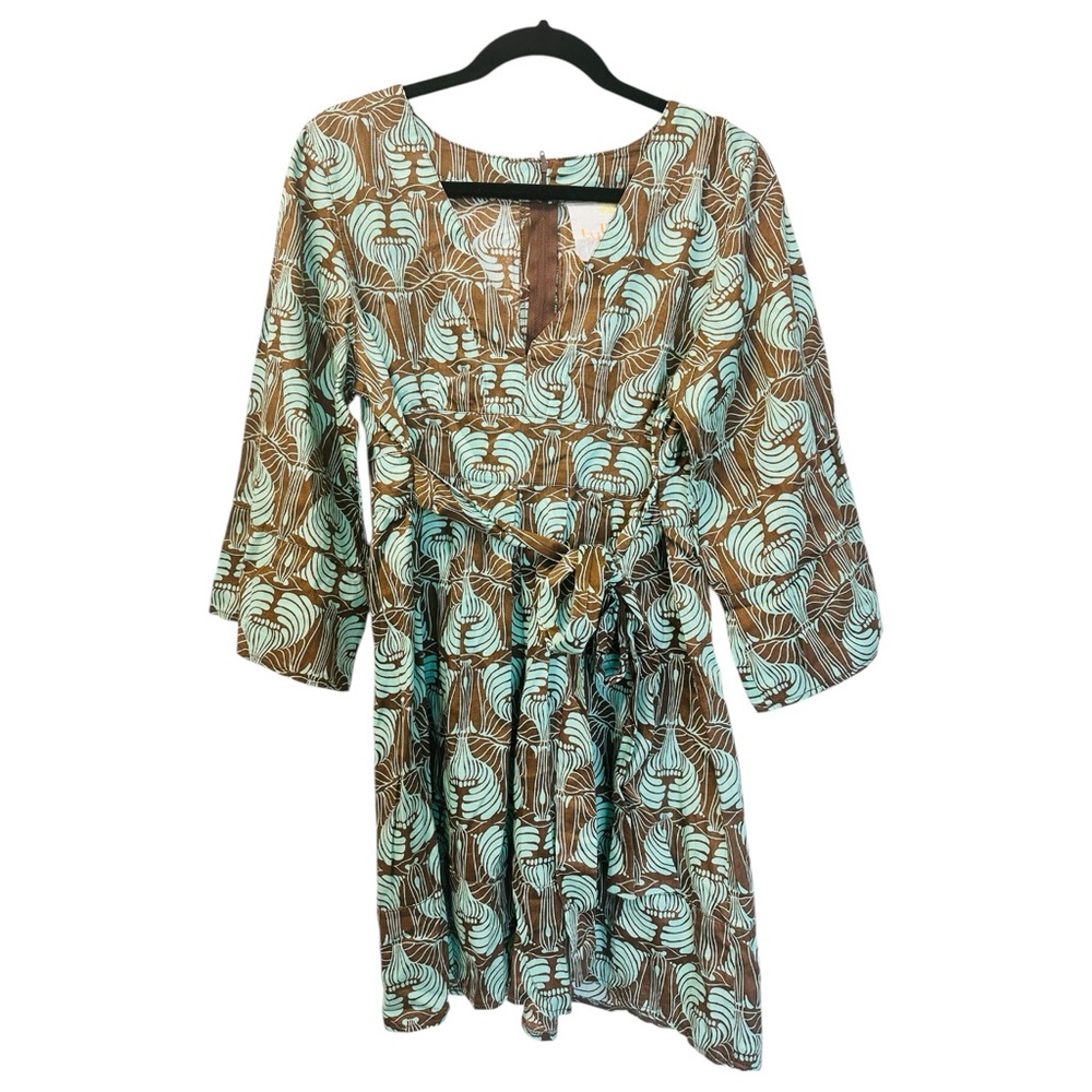 Tulle Los Angeles 100% Cotton V-Neck Boho Print Dress Brown/Mint Green SZ XL